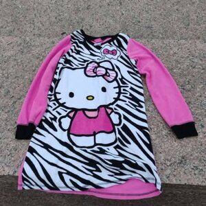 Hello Kitty Sanrio Girl's (10) Zebra Stripes Pink Fleece Nightgown PJs Sleepwear